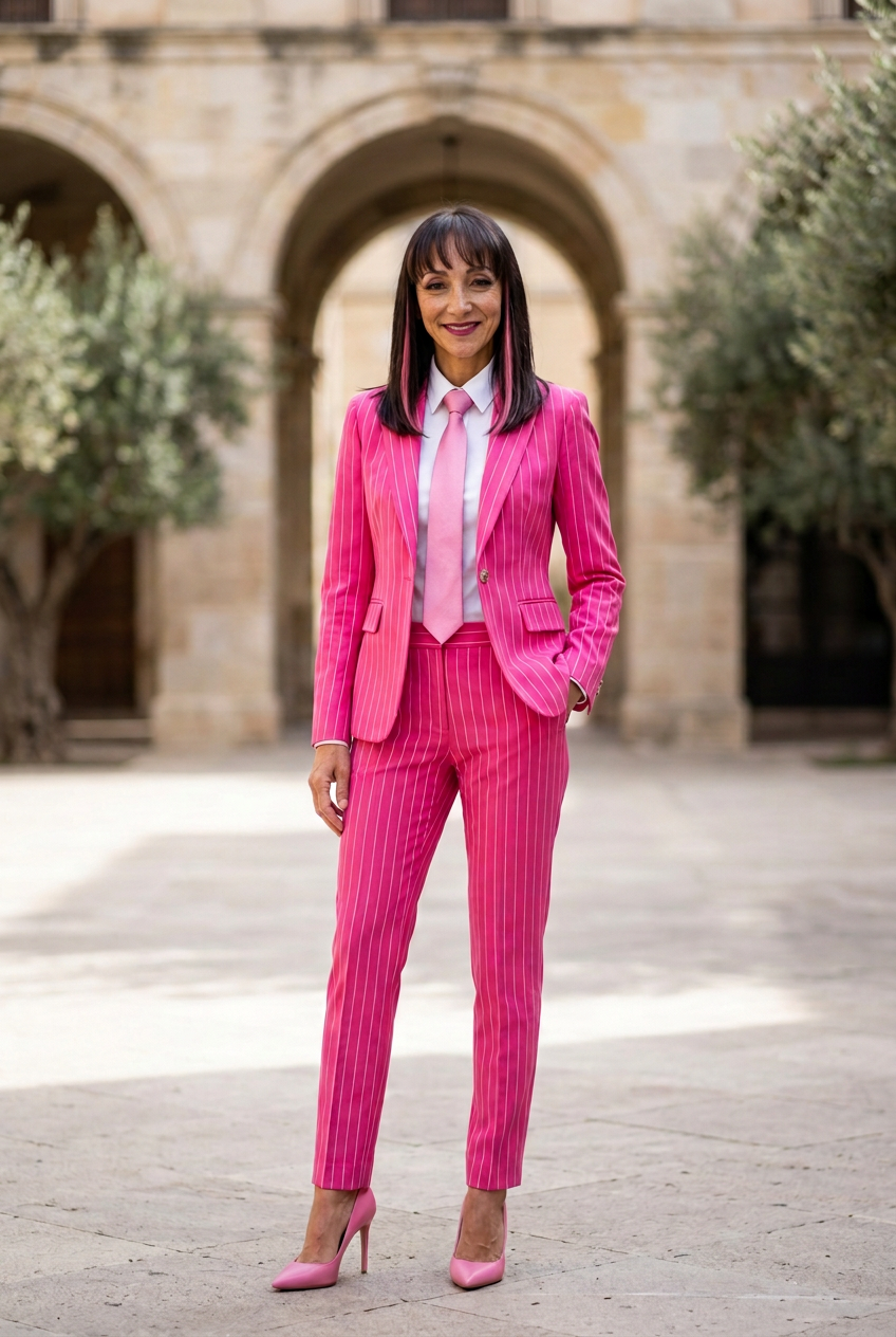 Sonya Lia Cleveland in a pink pinstripe suit and pink tie